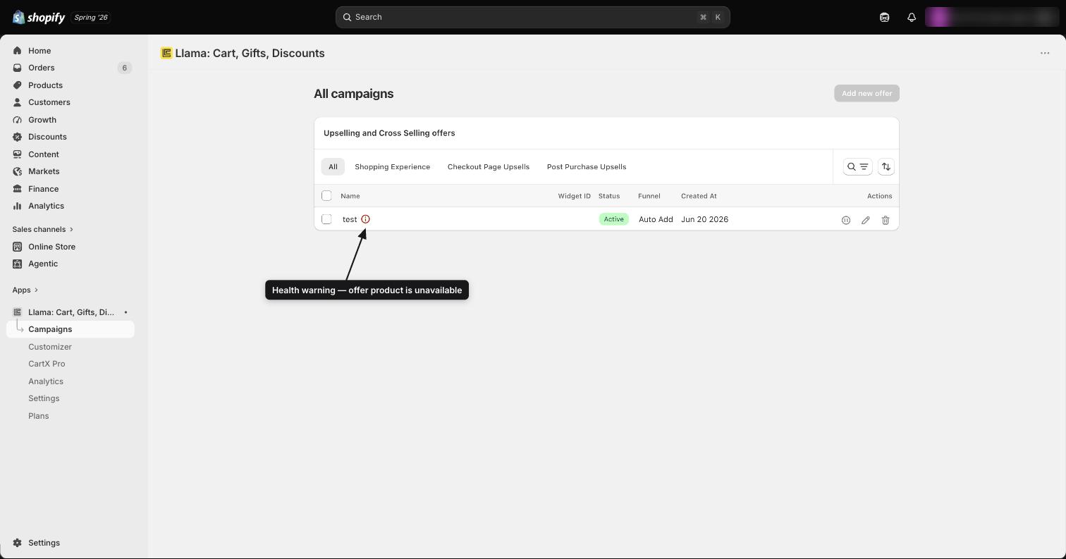 The Llama Upsells campaign list showing campaign names, types, status toggles, and a warning icon on a campaign with an issue