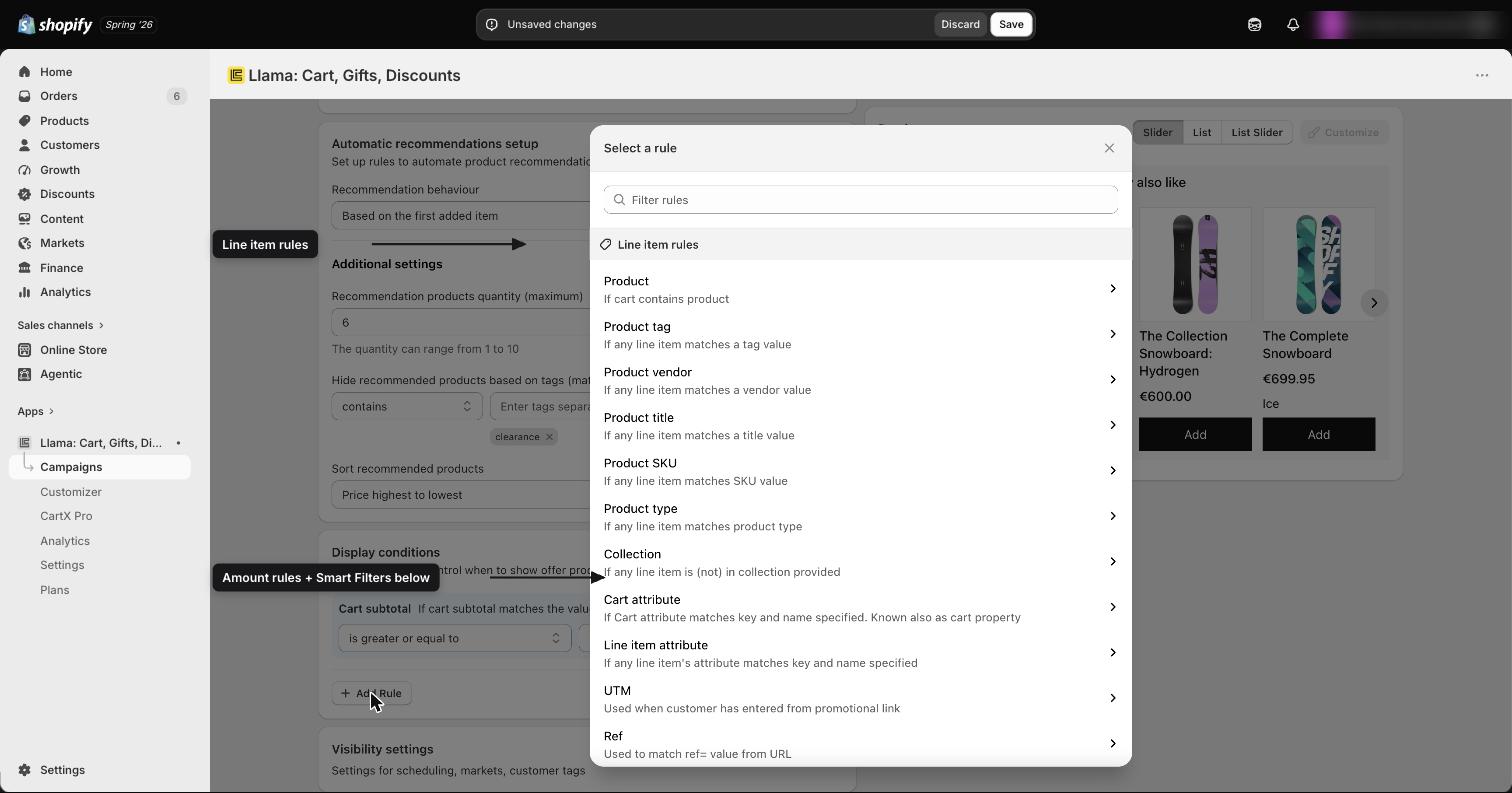 The condition builder showing line item rules, amount rules, and Smart Filters for a Gift with Purchase campaign