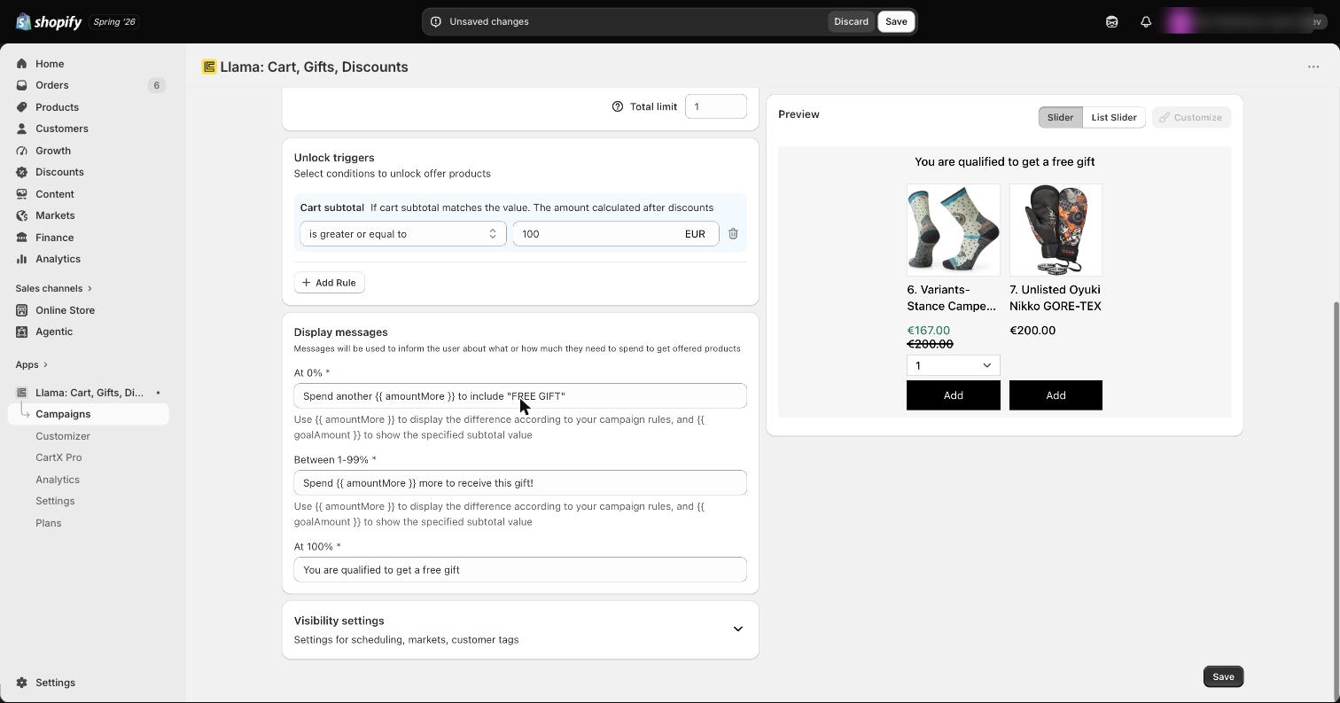 The display message settings showing a dynamic message that tells the shopper how much more to spend