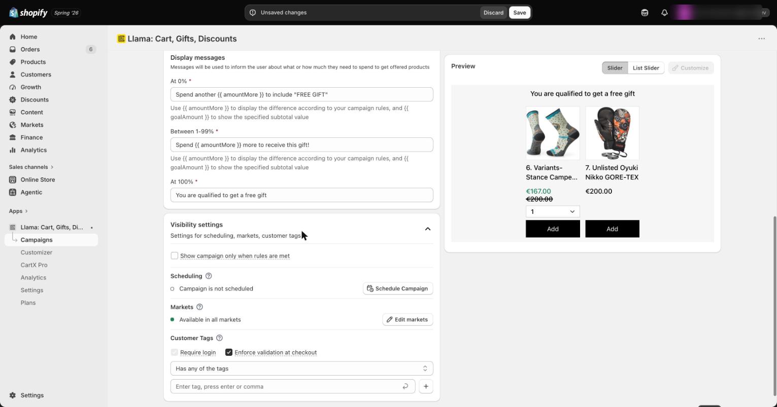 The visibility settings panel with options for hiding the campaign, scheduling, market targeting, and customer tags