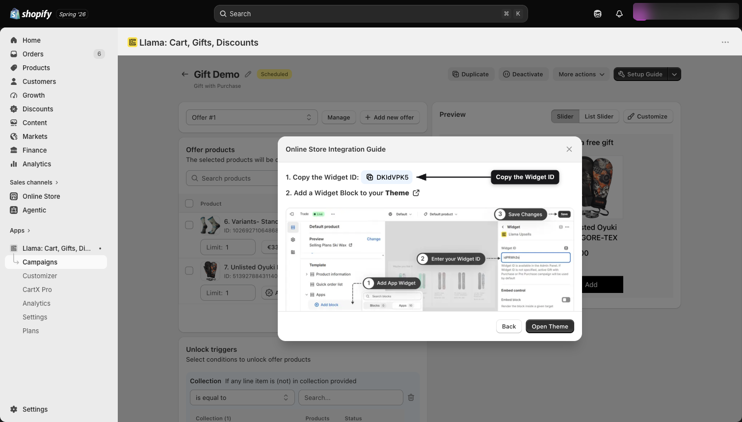 The Connect to Online Store flow showing the Widget ID and the Widget app block in the theme editor