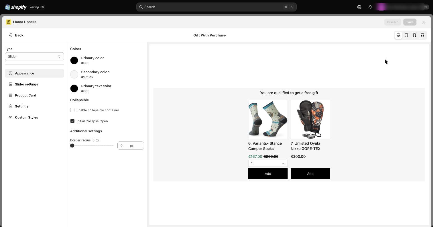 The Customize page for a Gift with Purchase campaign showing appearance, slider, and product card settings