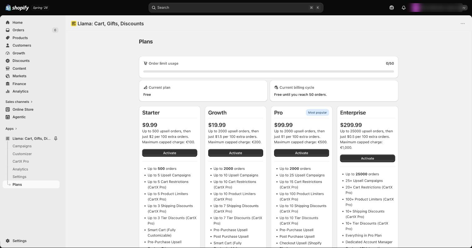 The subscription page showing the available plans side by side with their feature limits and prices