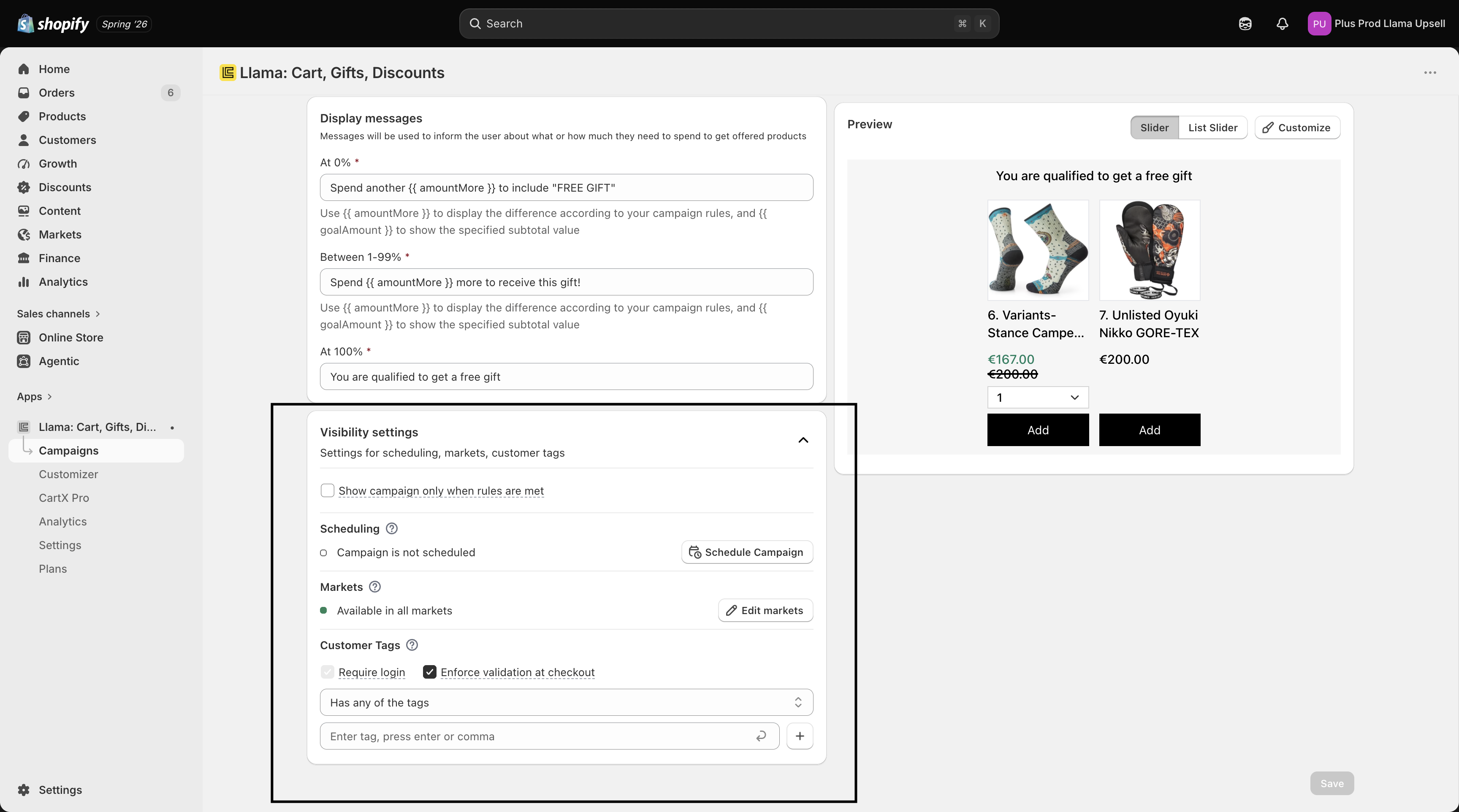 The campaign editor showing the schedule, markets, and customer tags targeting filters