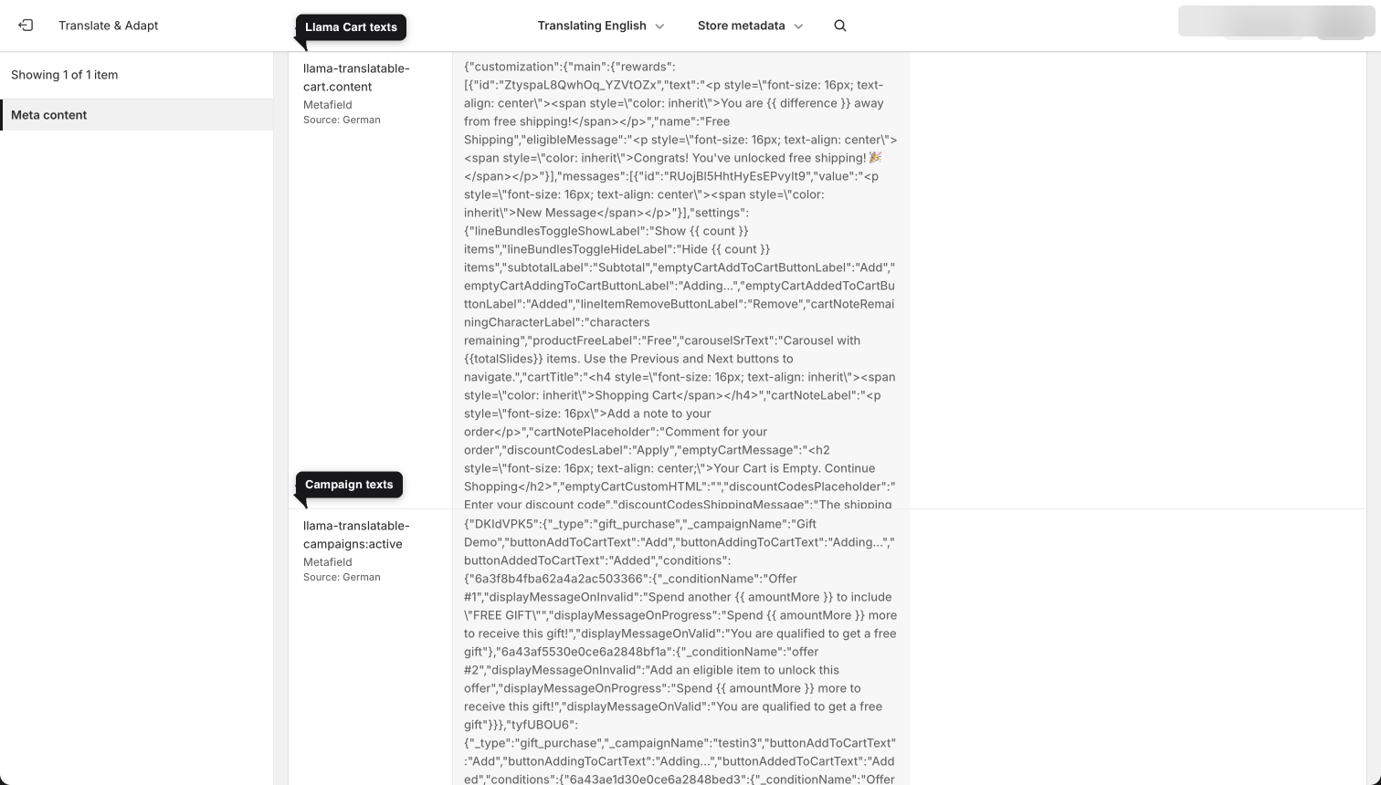Translate & Adapt Store metadata section showing the llama-translatable-cart.content and llama-translatable-campaigns.active metafields